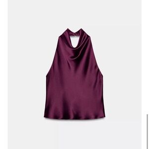 Zara Satin Halter Cowl Neck Top - Plum